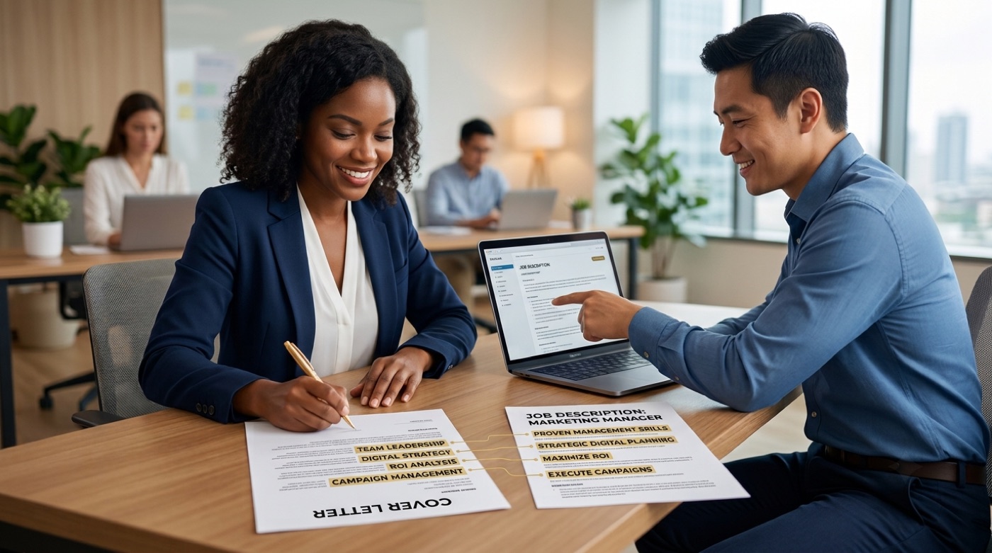 A cover letter tailored to a job posting, with matching skills and keywords highlighted in gold