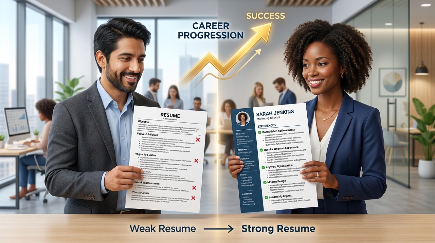 A before-and-after comparison of a weak resume versus a strong one, with green checkmarks on the improvements