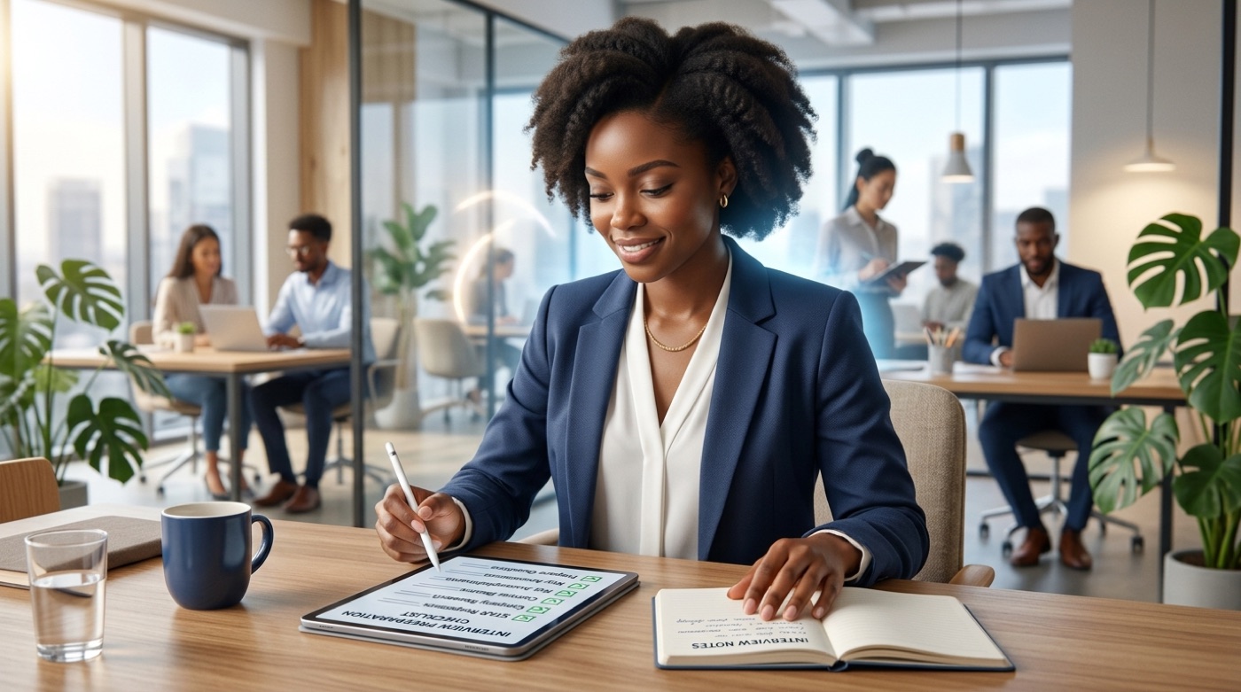 An interview prep checklist with common questions and green checkmarks beside a calm, prepared candidate