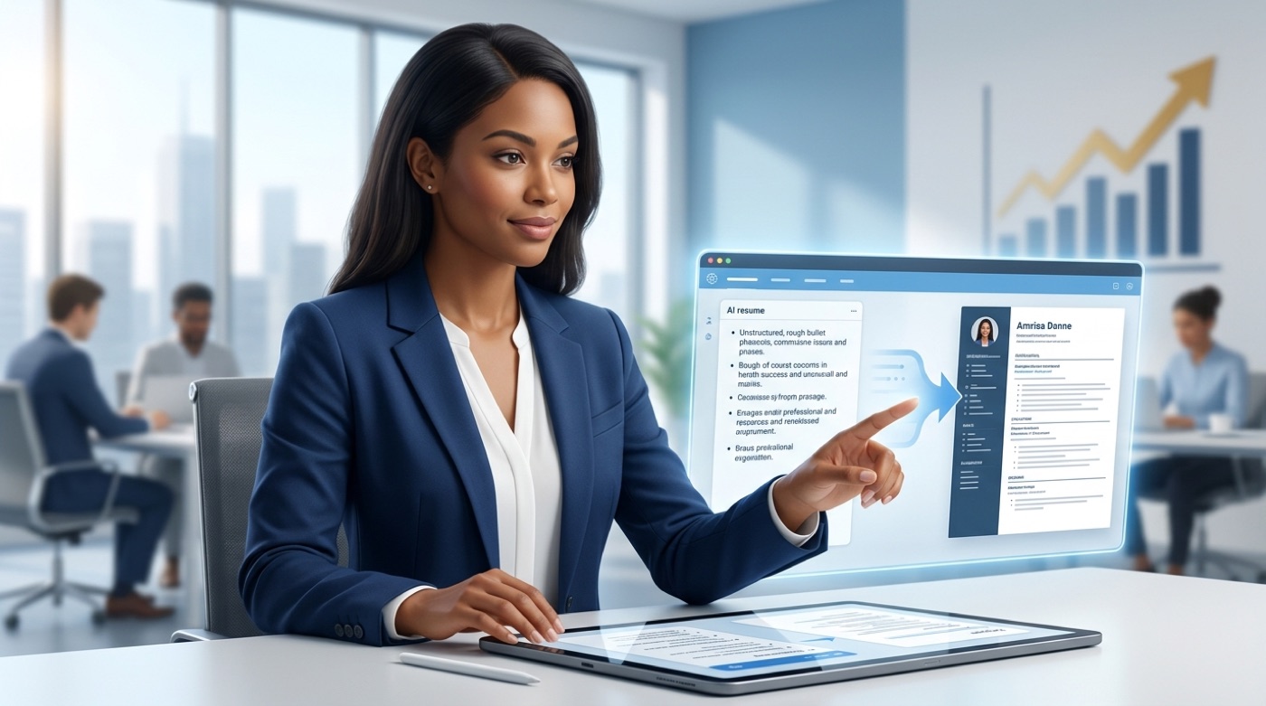 An AI resume writer turning rough notes into a polished, ATS-ready resume with an upward career chart