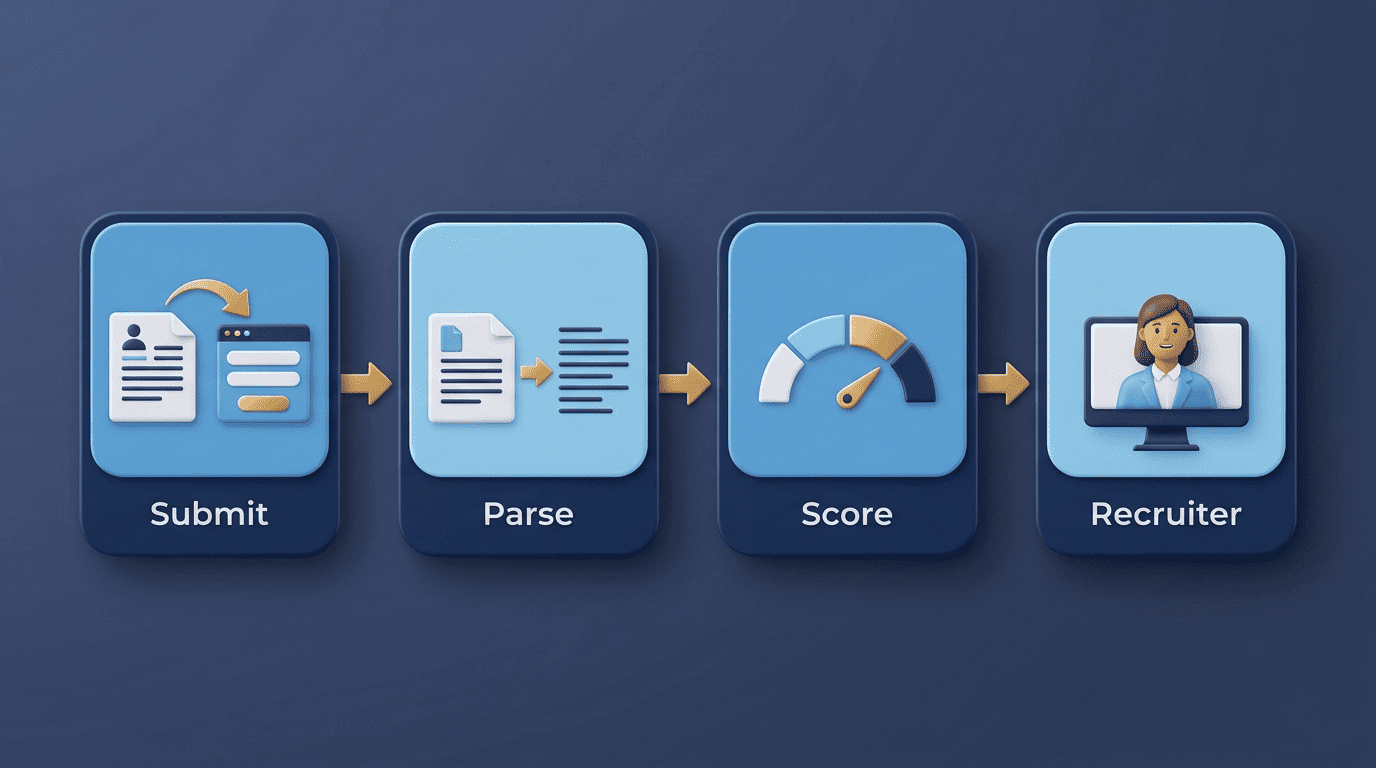 Four-step ATS pipeline: submit, parse, score, recruiter
