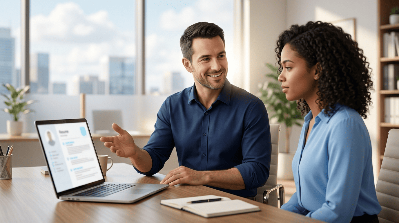 A career coach reviewing a resume with a job seeker on a laptop
