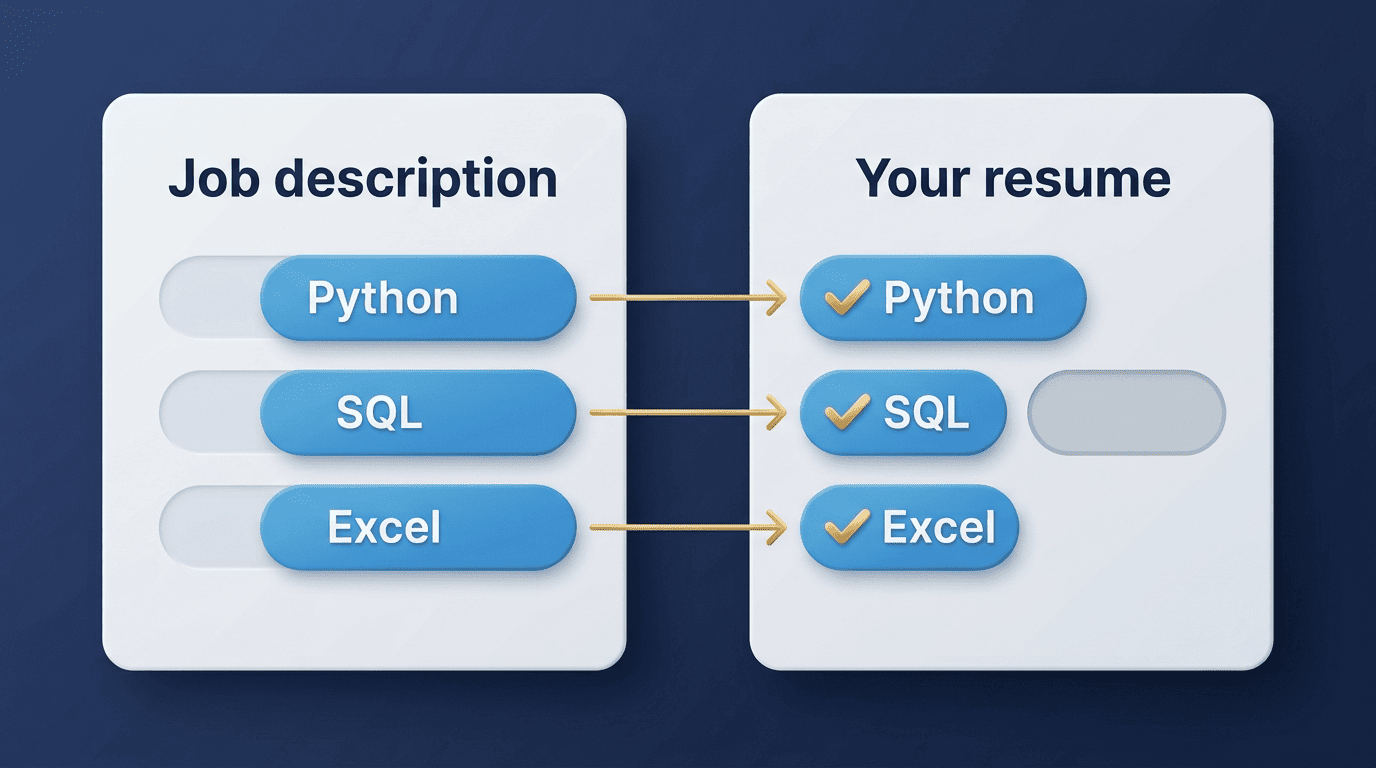 Job description keywords matched against a resume, one term missing