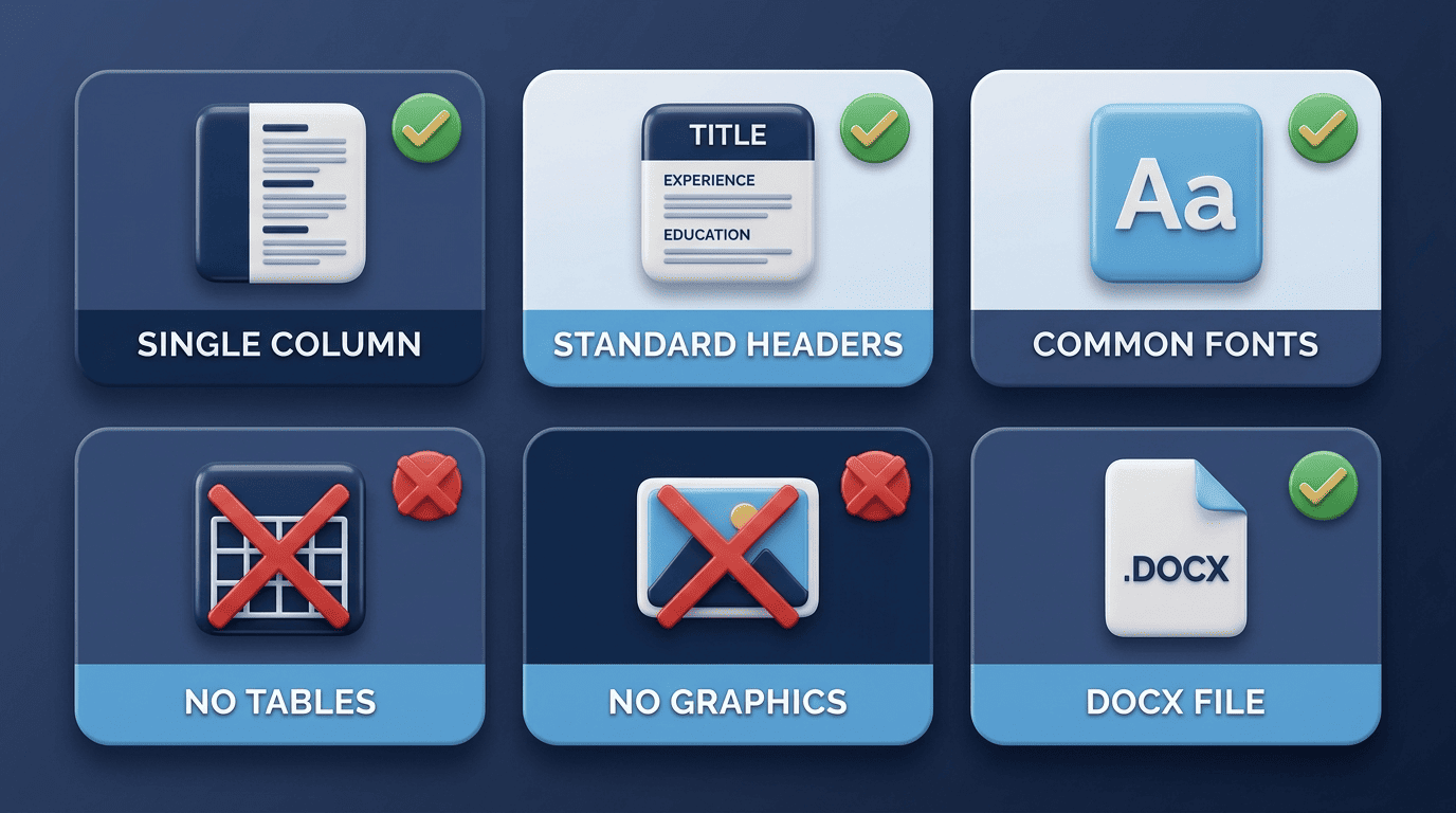 ATS-safe formatting checklist: single column, standard headers, common fonts, no tables, no graphics, DOCX