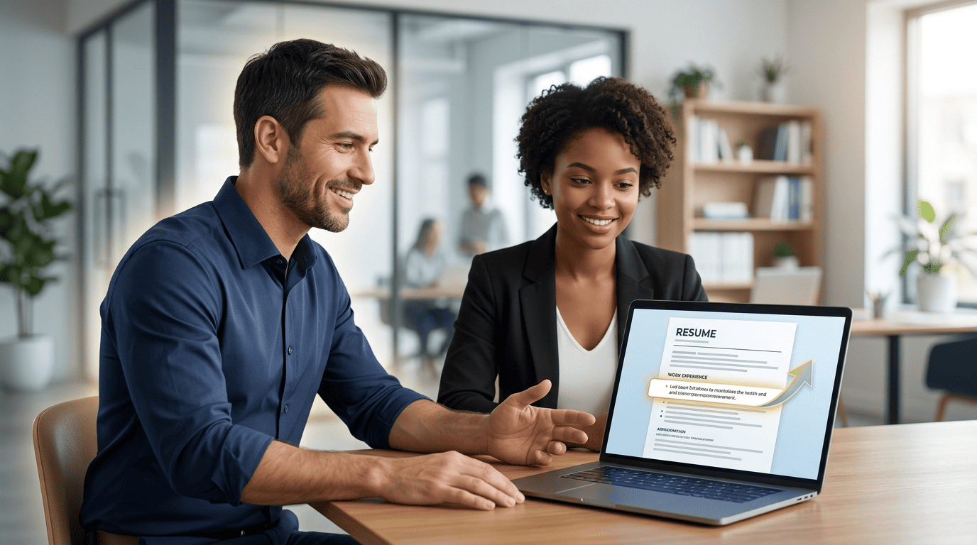 A career coach and job seeker reviewing an AI-strengthened resume bullet on a laptop