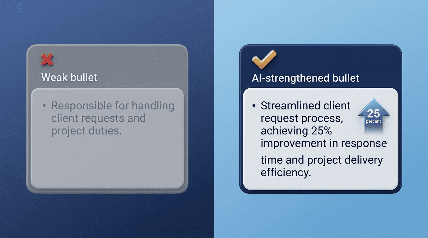 Side-by-side of a weak resume bullet and an AI-strengthened bullet with a 25 percent metric