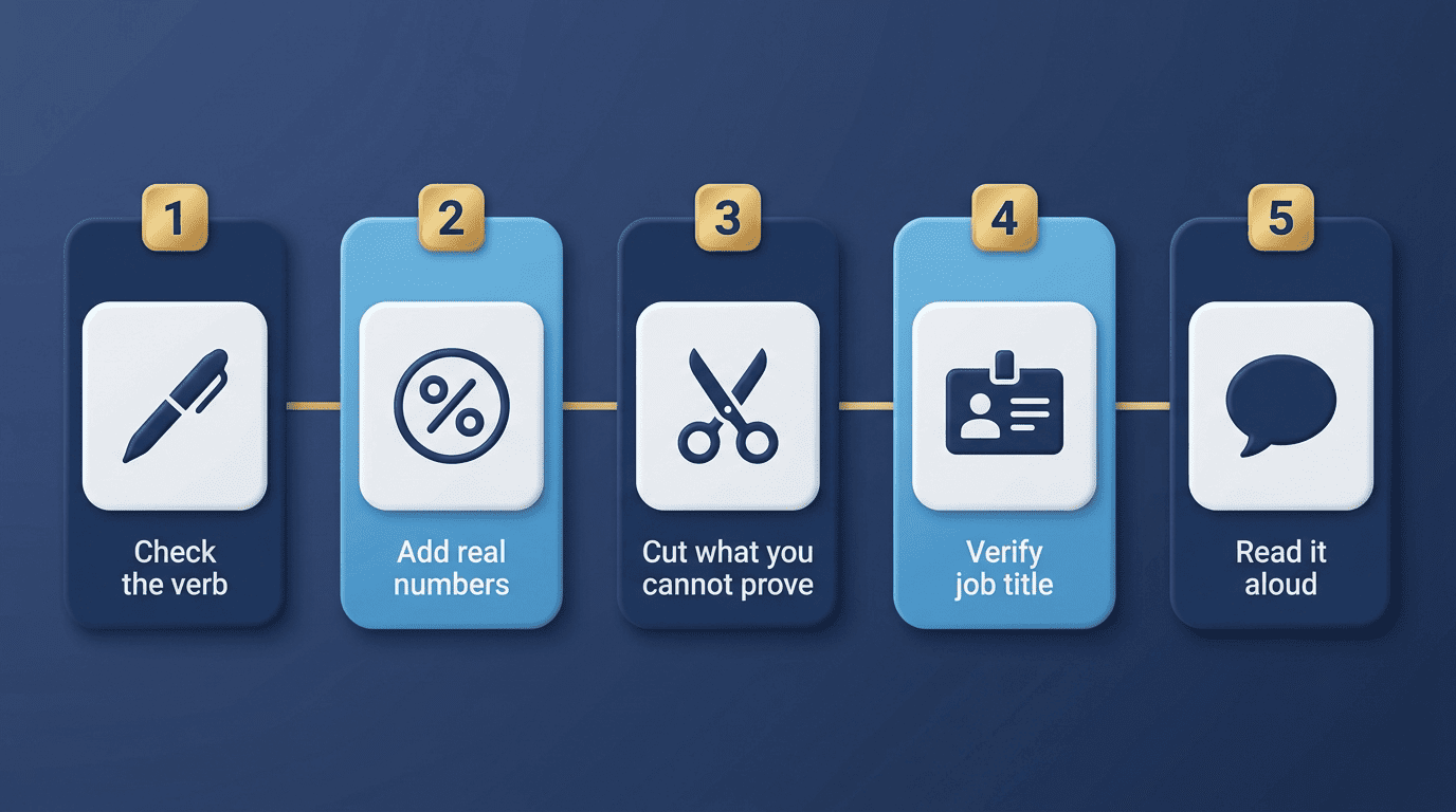 Five-step process: check the verb, add real numbers, cut what you cannot prove, verify job title, read it aloud