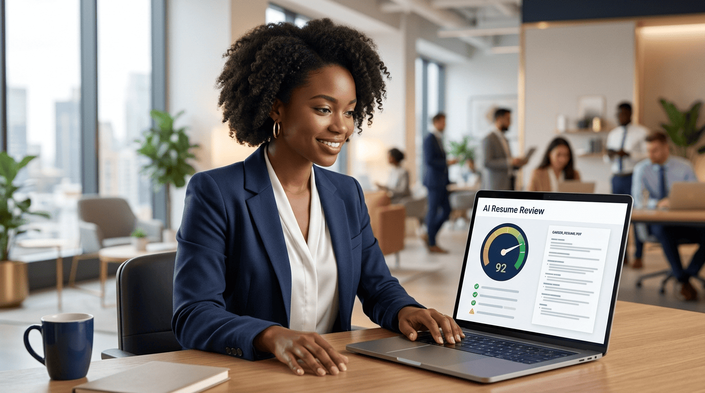 Job seeker reviewing an AI resume checker result with a score gauge and a list of fixes