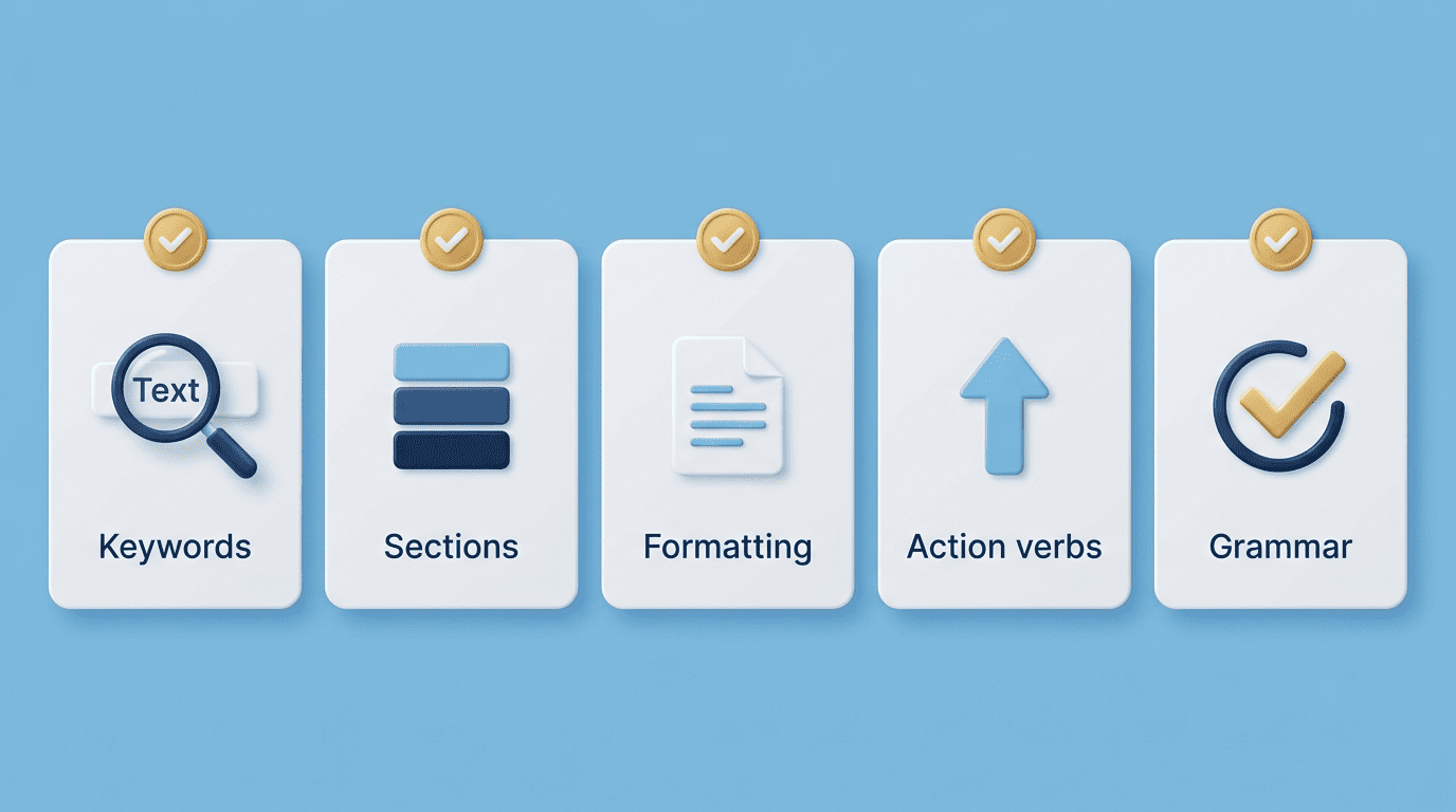 Five checks an AI resume checker runs: keywords, sections, formatting, action verbs, grammar