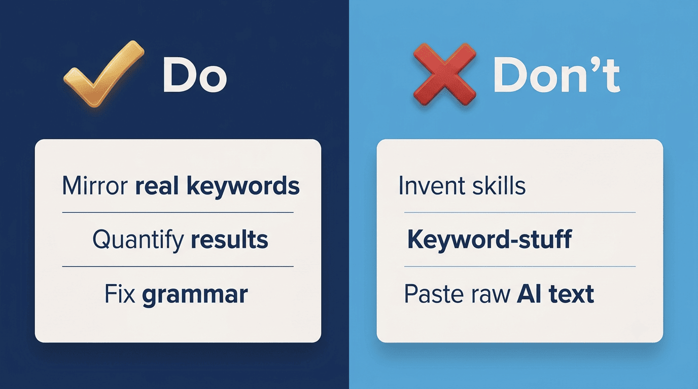 Do versus Don't: mirror real keywords, quantify, fix grammar vs invent skills, keyword-stuff, paste raw AI text