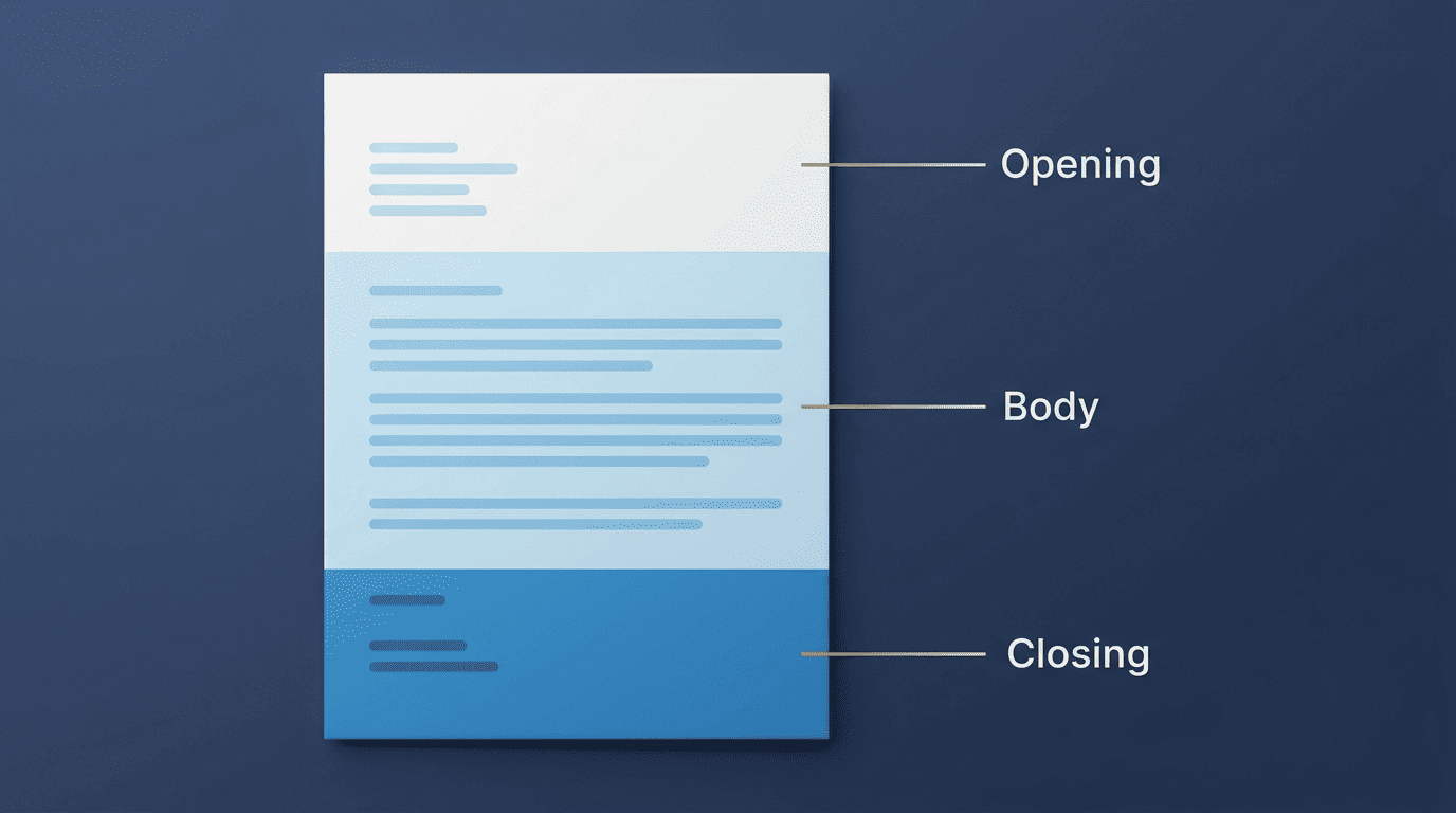 Cover letter page divided into opening, body, and closing zones
