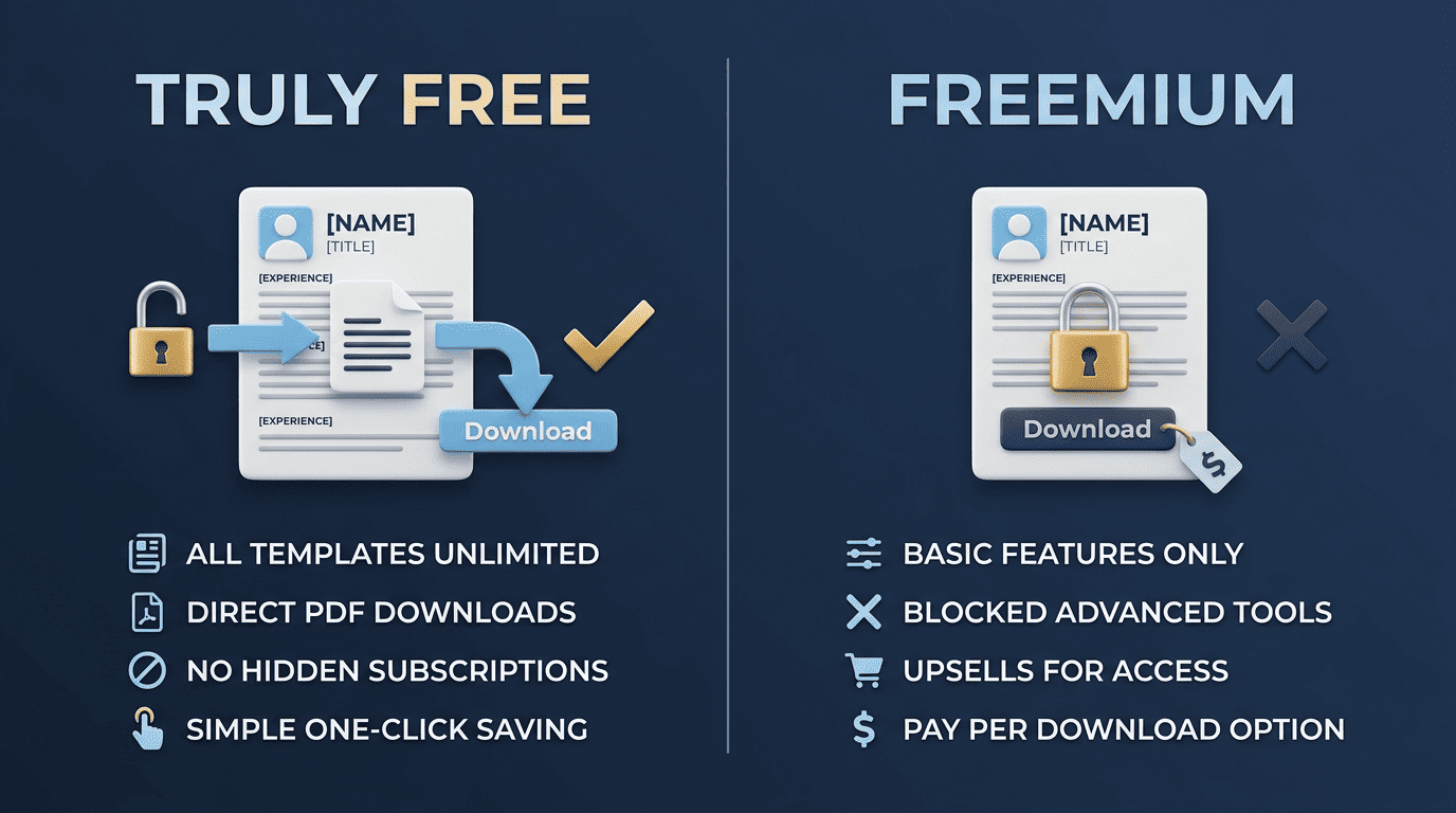 Side-by-side of a truly free resume tool with an unlocked download versus a freemium one with the download behind a paywall