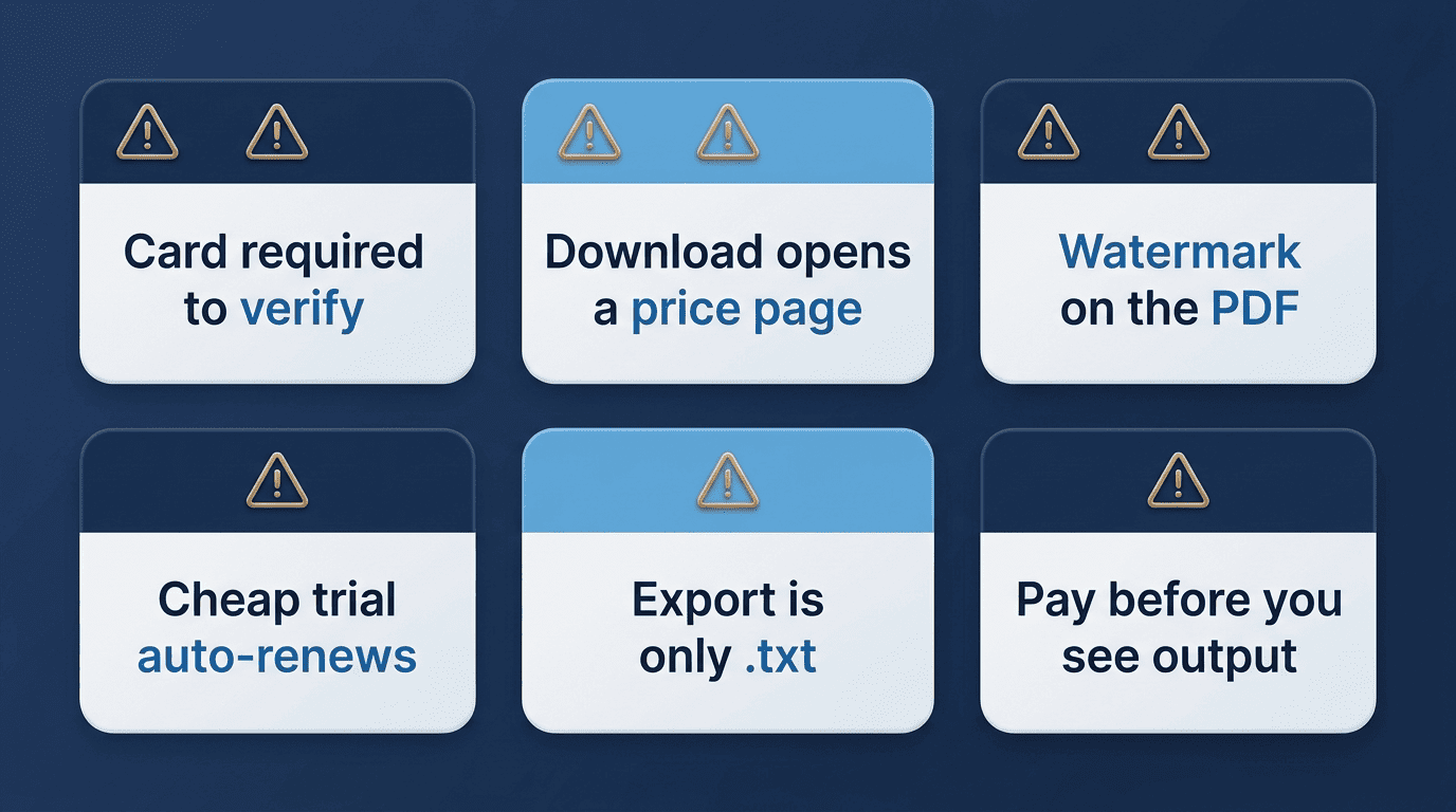 Six warning-flag cards for spotting a fake-free resume tool, from a required card to a text-only export