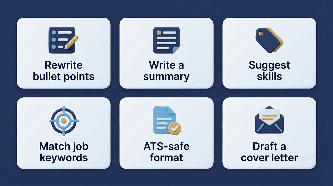 Six things a free AI resume writer can do: rewrite bullets, write a summary, suggest skills, match keywords, format for ATS, draft a cover letter