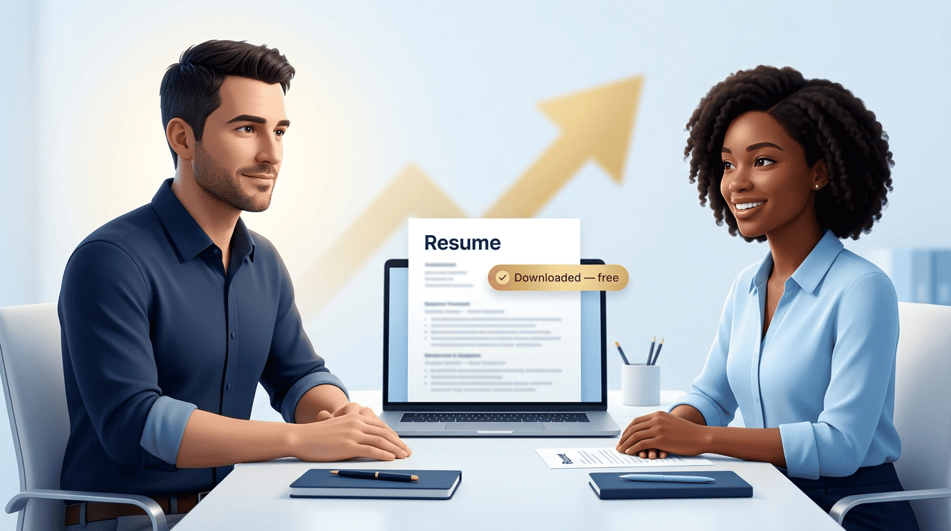 A career coach and a job seeker with a finished resume downloaded for free on a laptop