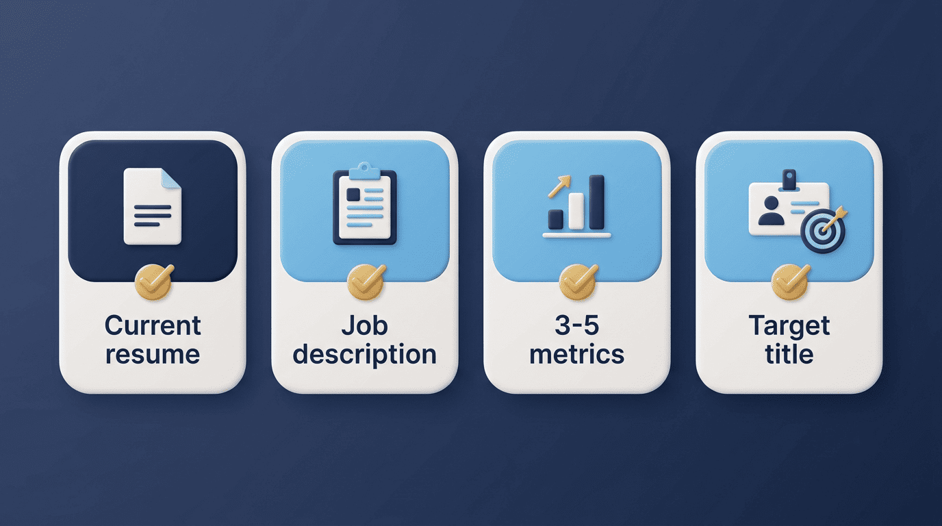 Four inputs to gather: current resume, job description, 3-5 metrics, target title