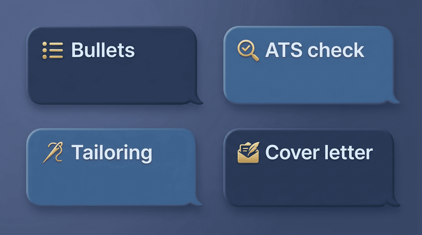 Four ChatGPT resume prompt types: bullets, ATS check, tailoring, cover letter