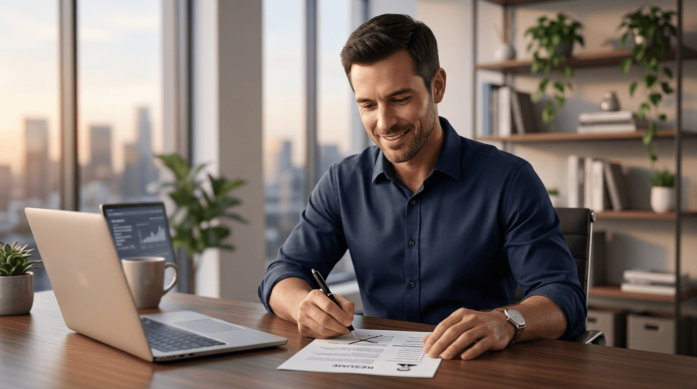 A career coach carefully editing an AI-drafted resume by hand