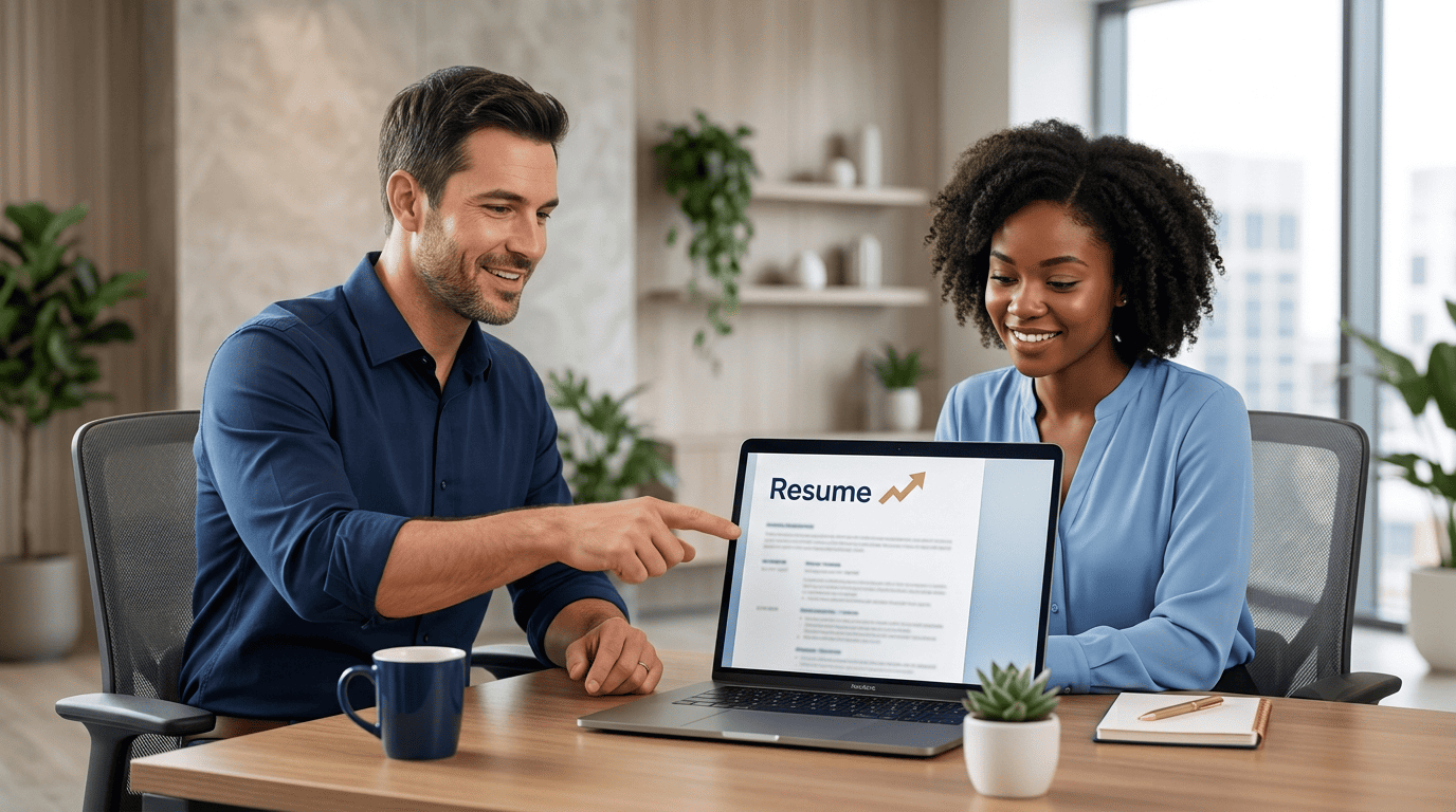 A career coach guiding a job seeker through using an AI resume writer on a laptop