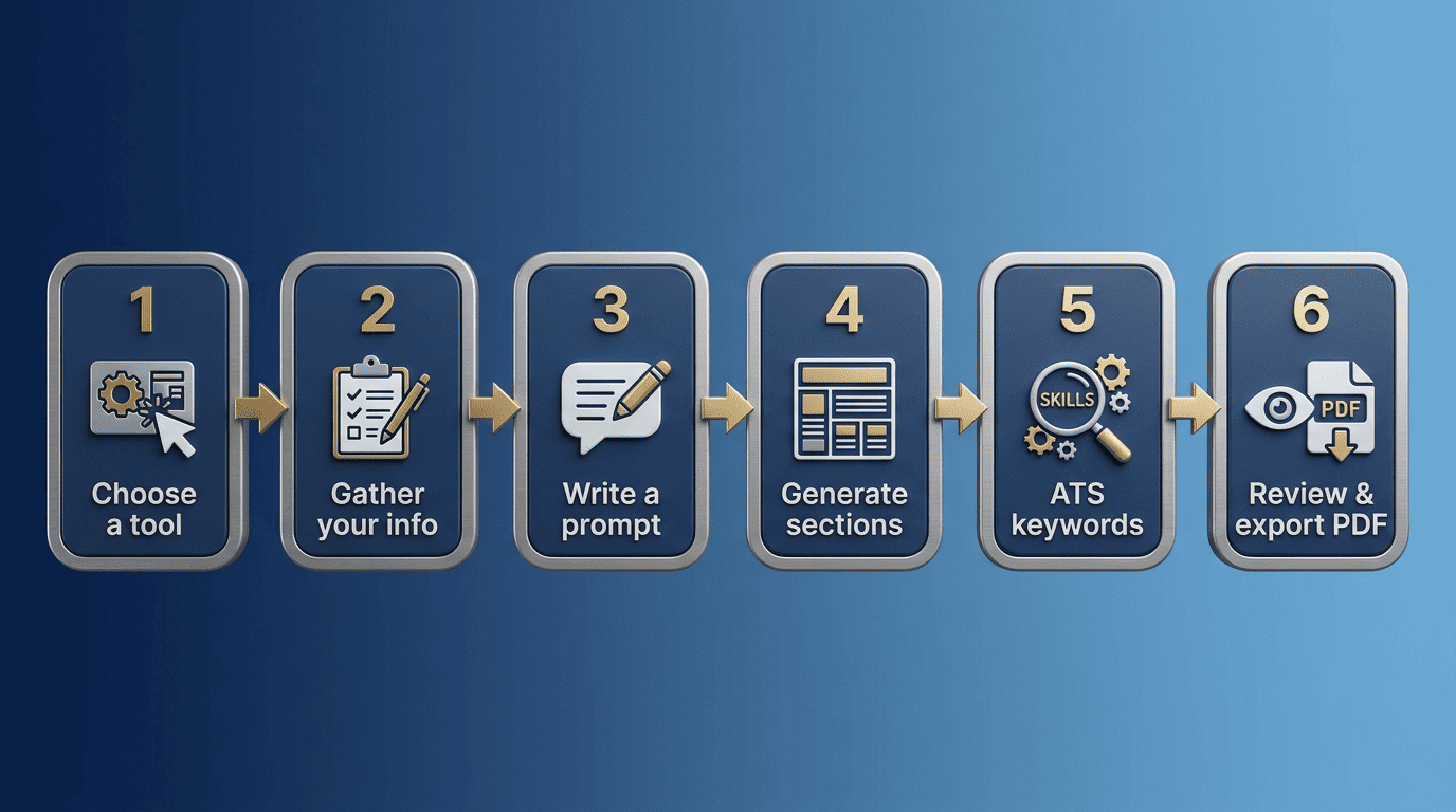 Six-step process for using an AI resume writer from choosing a tool to exporting a PDF