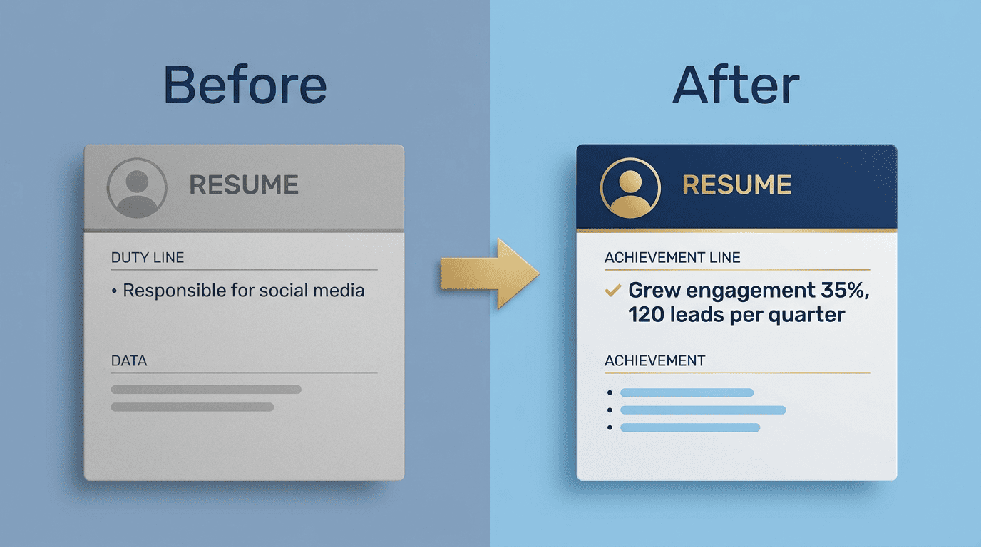 Before and after comparison of a resume bullet rewritten from a duty into a measurable achievement