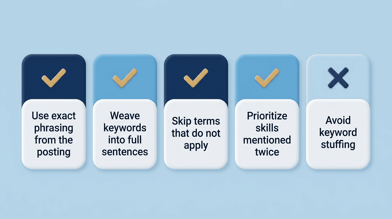 ATS keyword checklist with four things to do and one to avoid when tailoring a resume