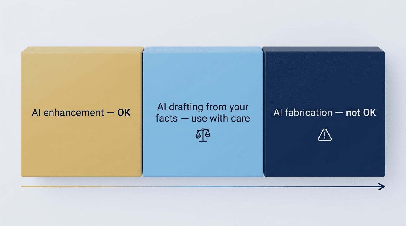 A three-zone spectrum: AI enhancement is OK, AI drafting from your facts needs care, AI fabrication is not OK