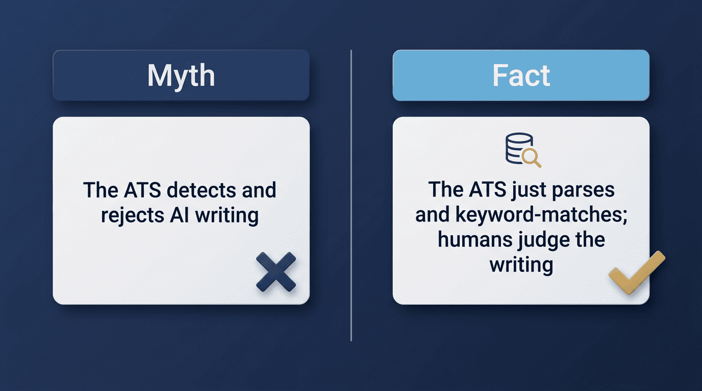 Myth versus fact: the ATS does not detect AI writing; it parses and keyword-matches while humans judge the writing