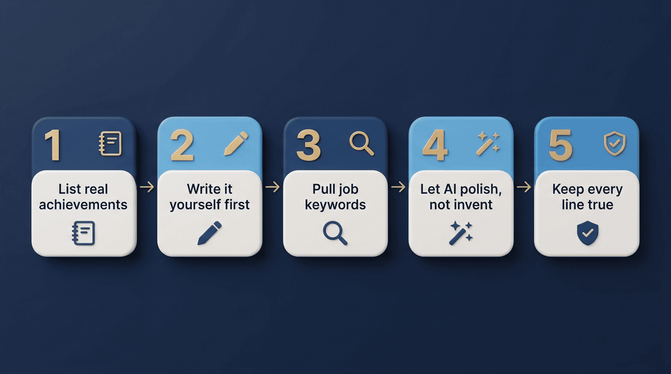 Five-step honest hybrid workflow: list achievements, write it yourself first, pull keywords, let AI polish not invent, keep every line true
