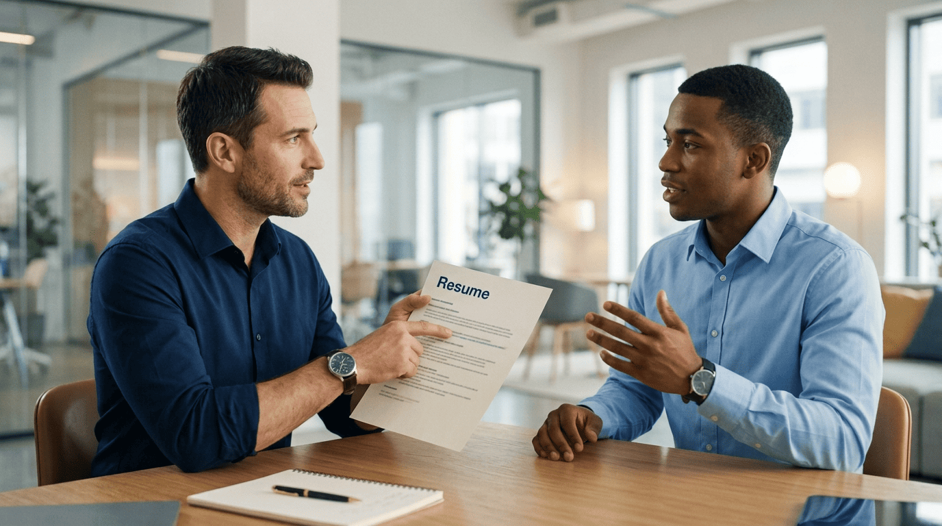 An interviewer points to a line on a candidate's resume and asks them to explain it in person