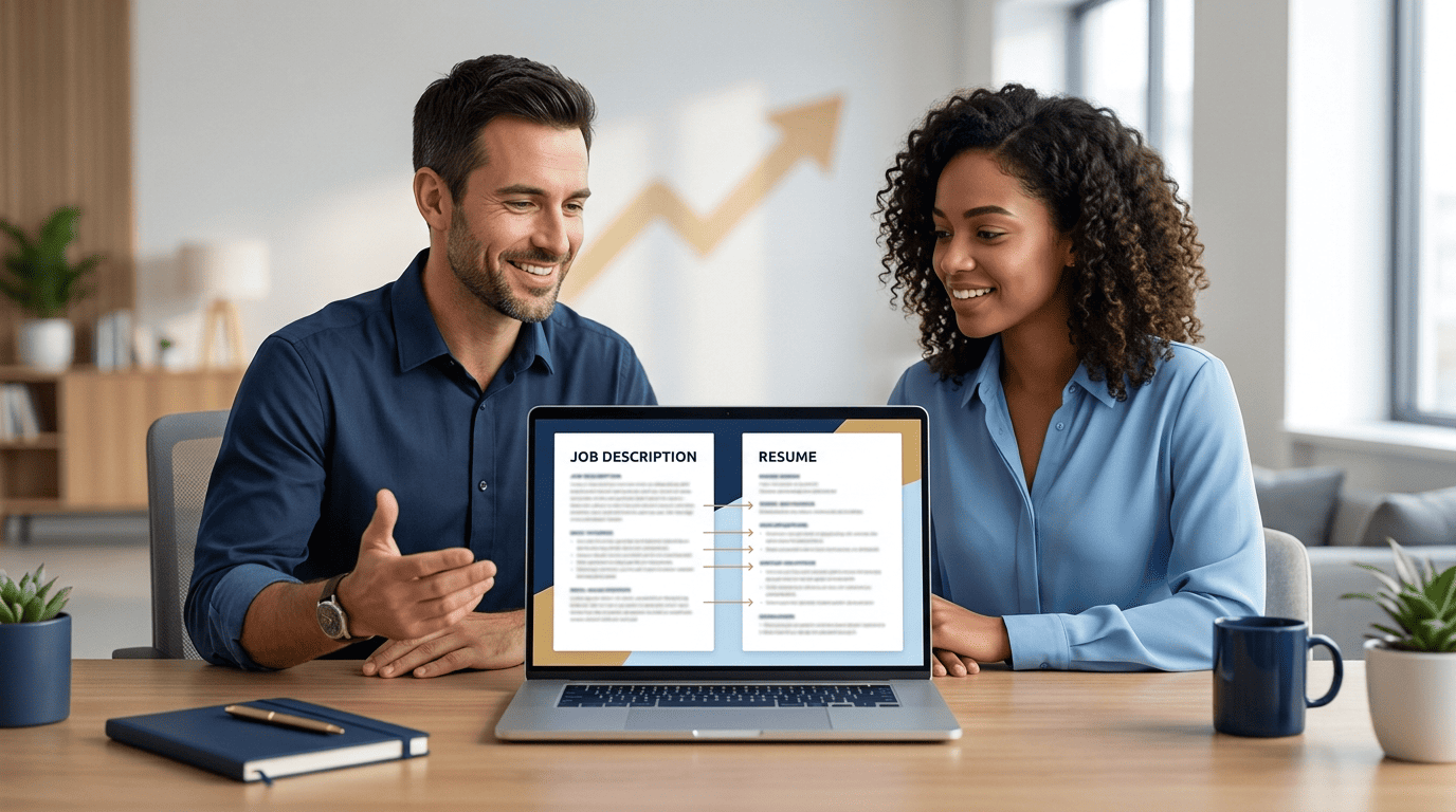 A career coach and a job seeker review a job description beside a resume on a laptop, with matches linked between them