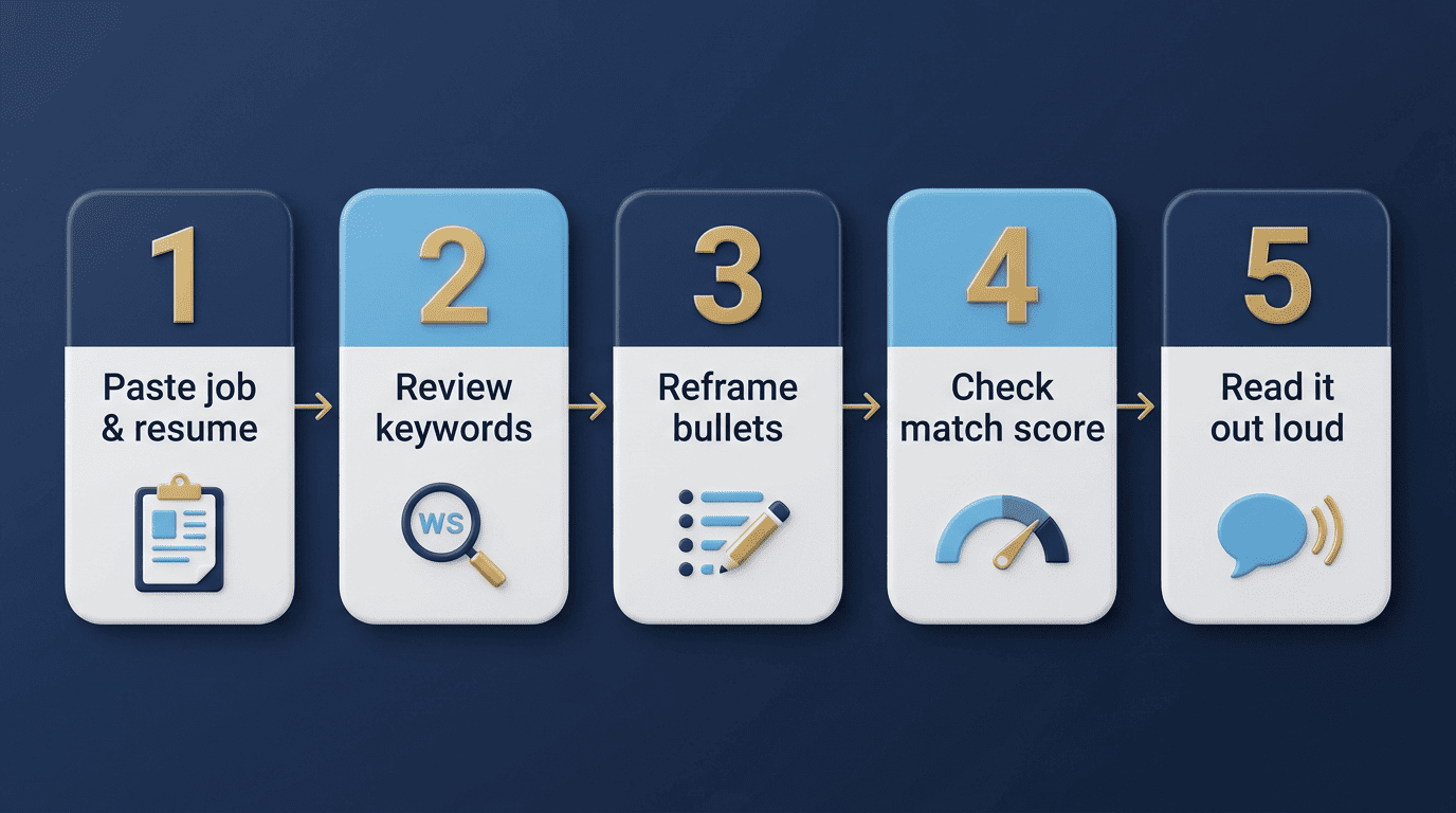 Five numbered steps for tailoring a resume with an AI resume writer, from pasting the job to reading it out loud