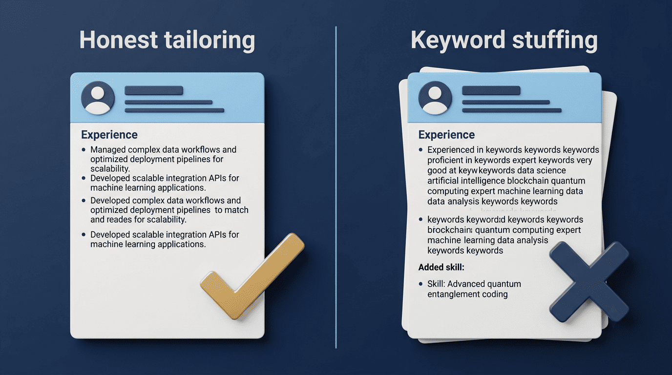 Side-by-side comparison of an honestly tailored resume versus a keyword-stuffed one
