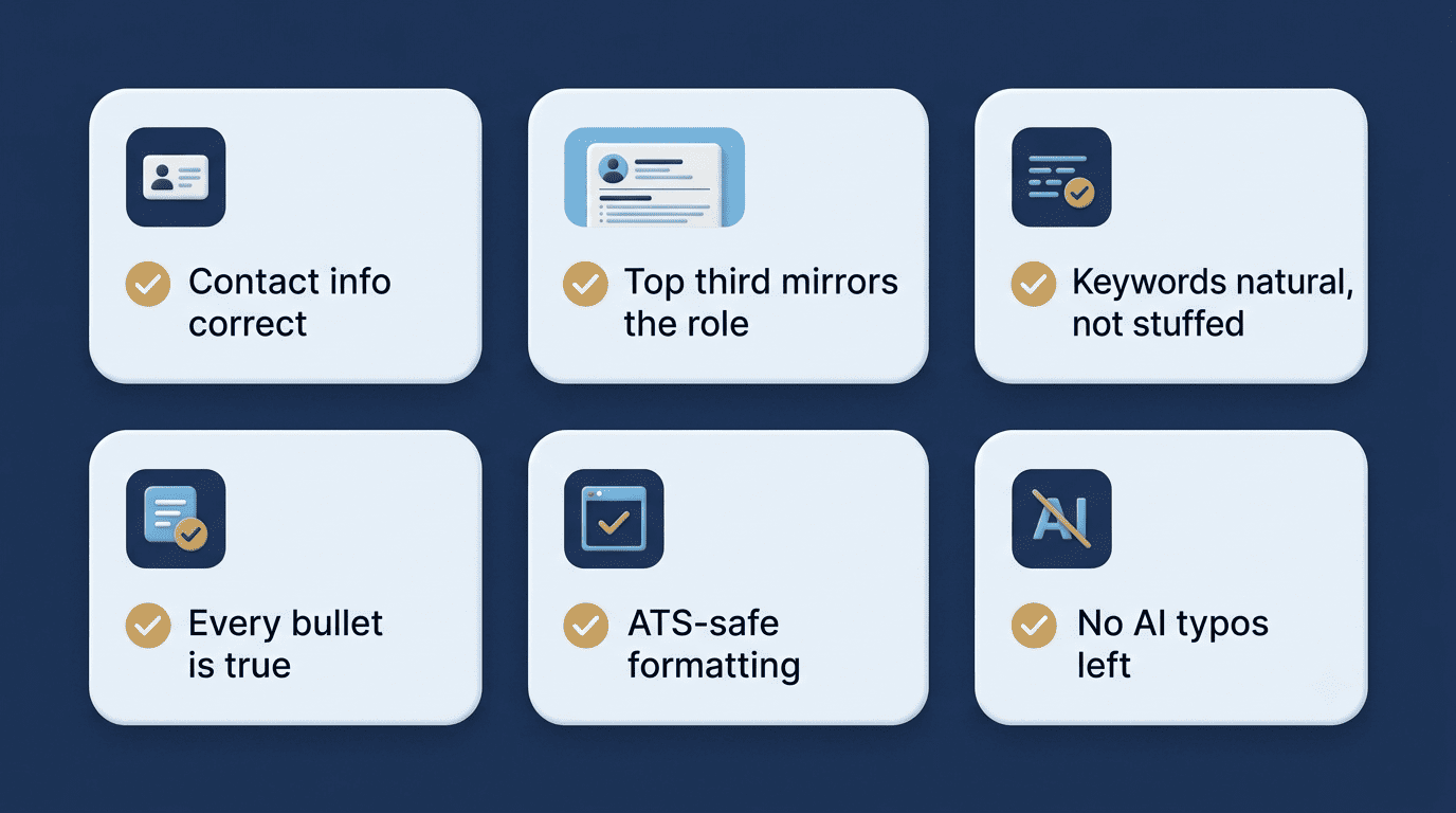 Six-point pre-send checklist covering contact info, keywords, honesty, formatting, and typos