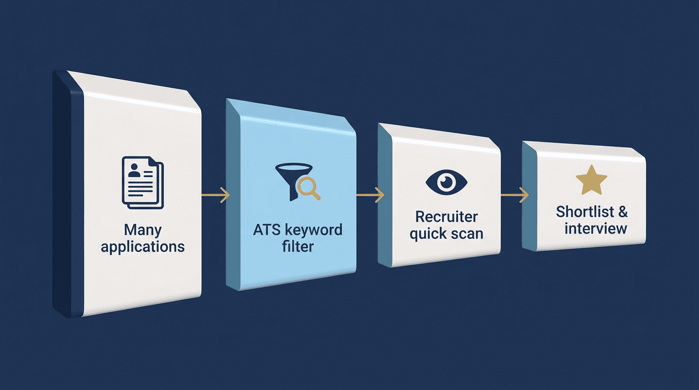 A four-stage funnel showing applications narrowing through an ATS keyword filter, a recruiter scan, and a shortlist