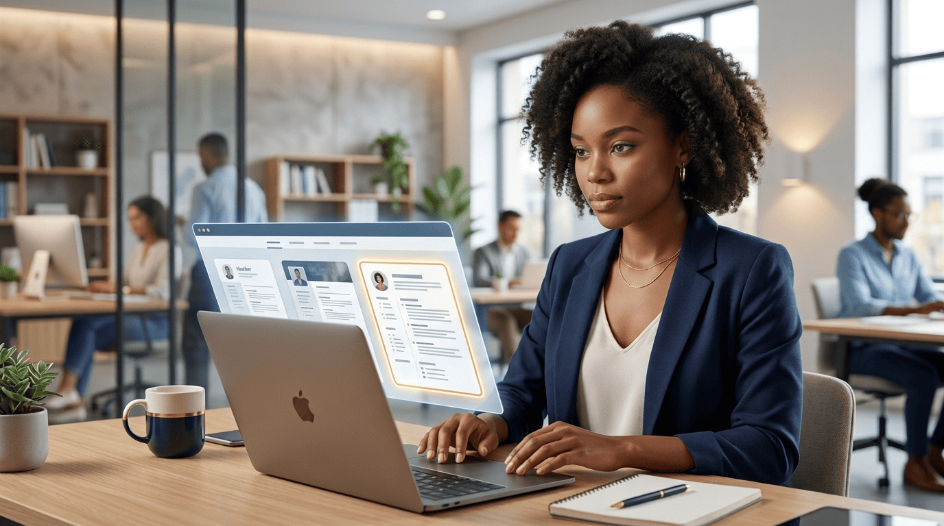 Job seeker choosing a resume template on a laptop while the AI fills in the sections