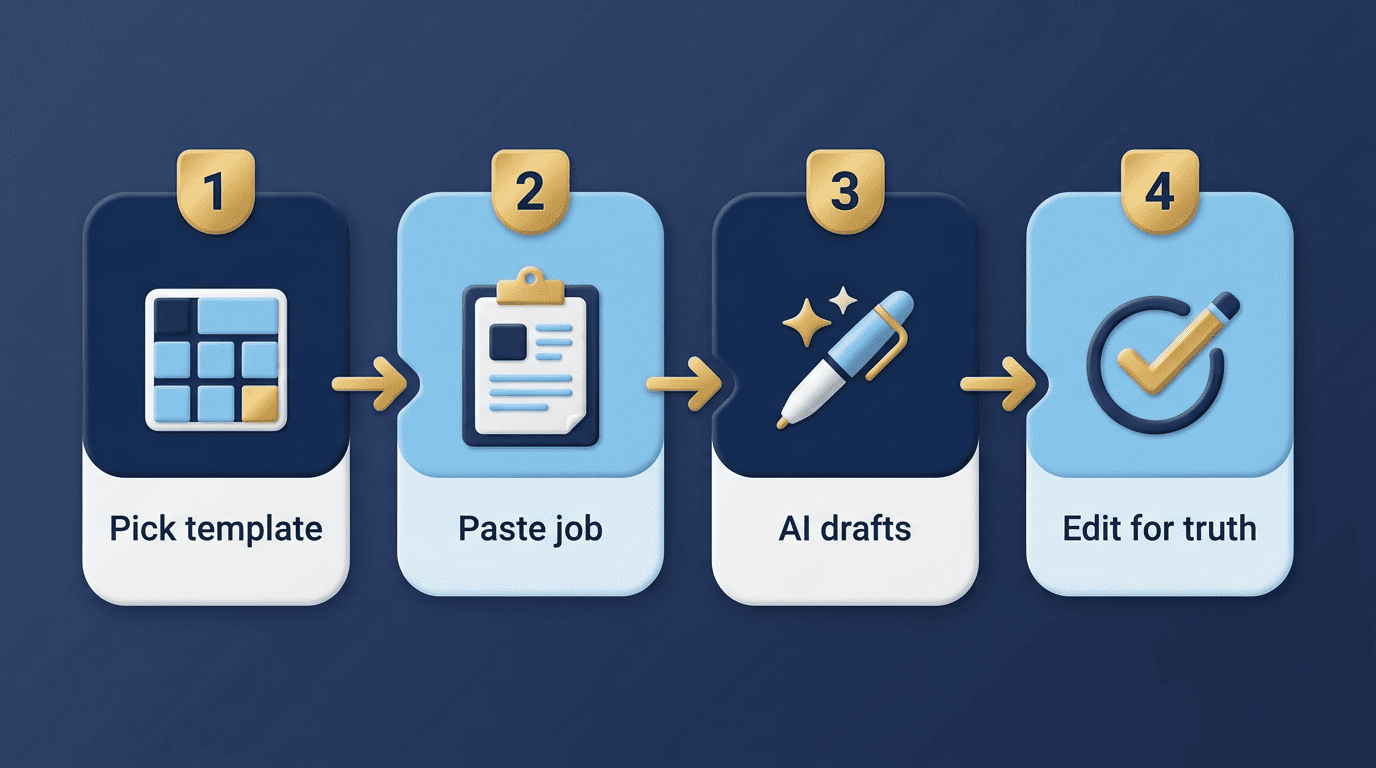 Four steps: pick template, paste job, AI drafts, edit for truth