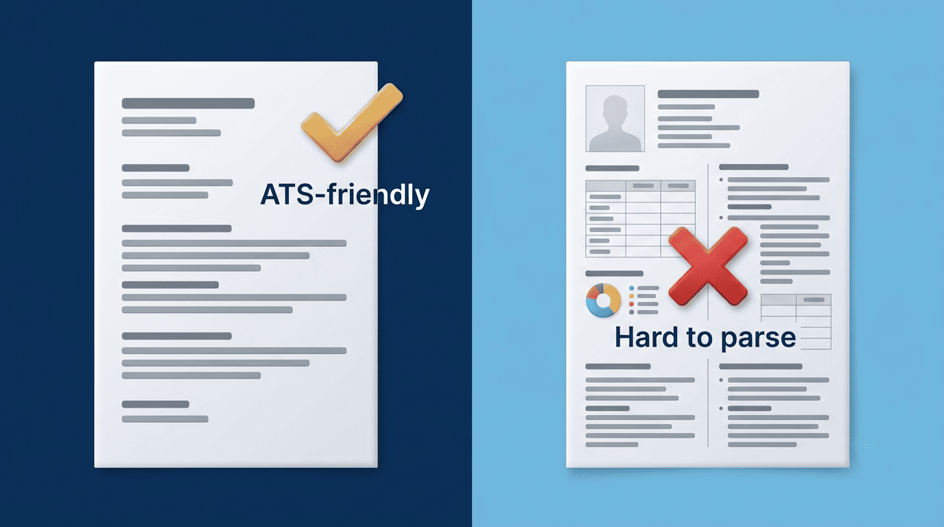 ATS-friendly single-column resume versus a hard-to-parse two-column layout with tables and graphics