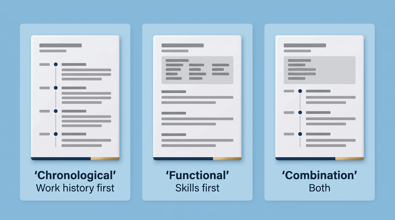 Three resume formats: chronological (work history first), functional (skills first), combination (both)