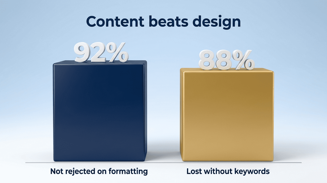 Chart: 92% of recruiters don't reject on formatting, 88% of employers lose candidates without keywords
